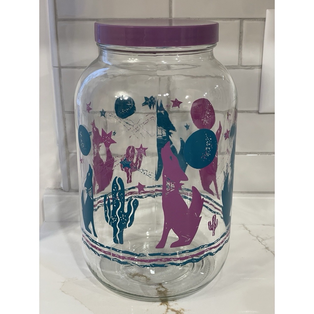 Vintage Southwest Desert Printed Glass Jar Plastic Lid Wide Mouth Large 10 in‎